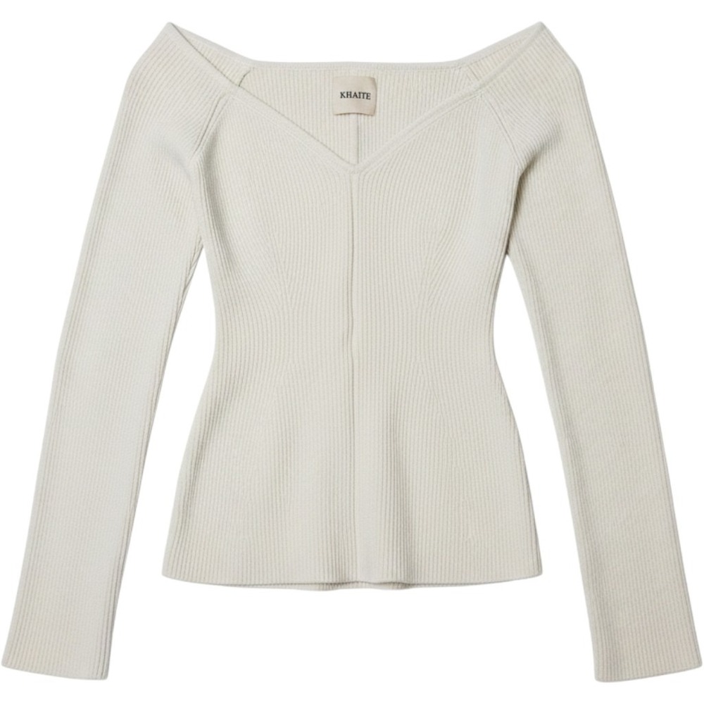 Khaite Maddy Ribbed Knit Sweetheart Neck Top Cream Off-White Long Sleeve